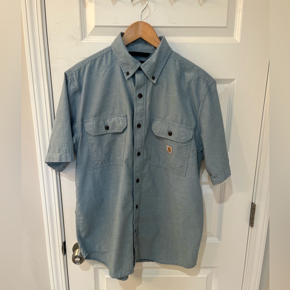 Carhartt Men’s Loose Fit Light Blue Short Sleeve Button Up Shirt Workwear Sz. M